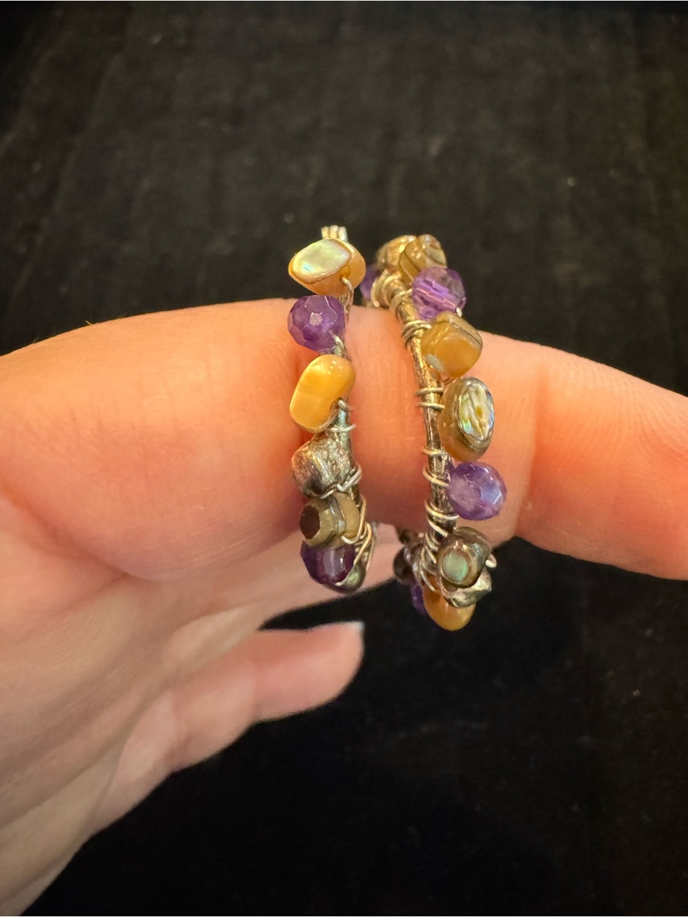 Purple Brown Beaded Hoop Earrings Silver Tone Wire Wrapped Boho Artisan Jewelry